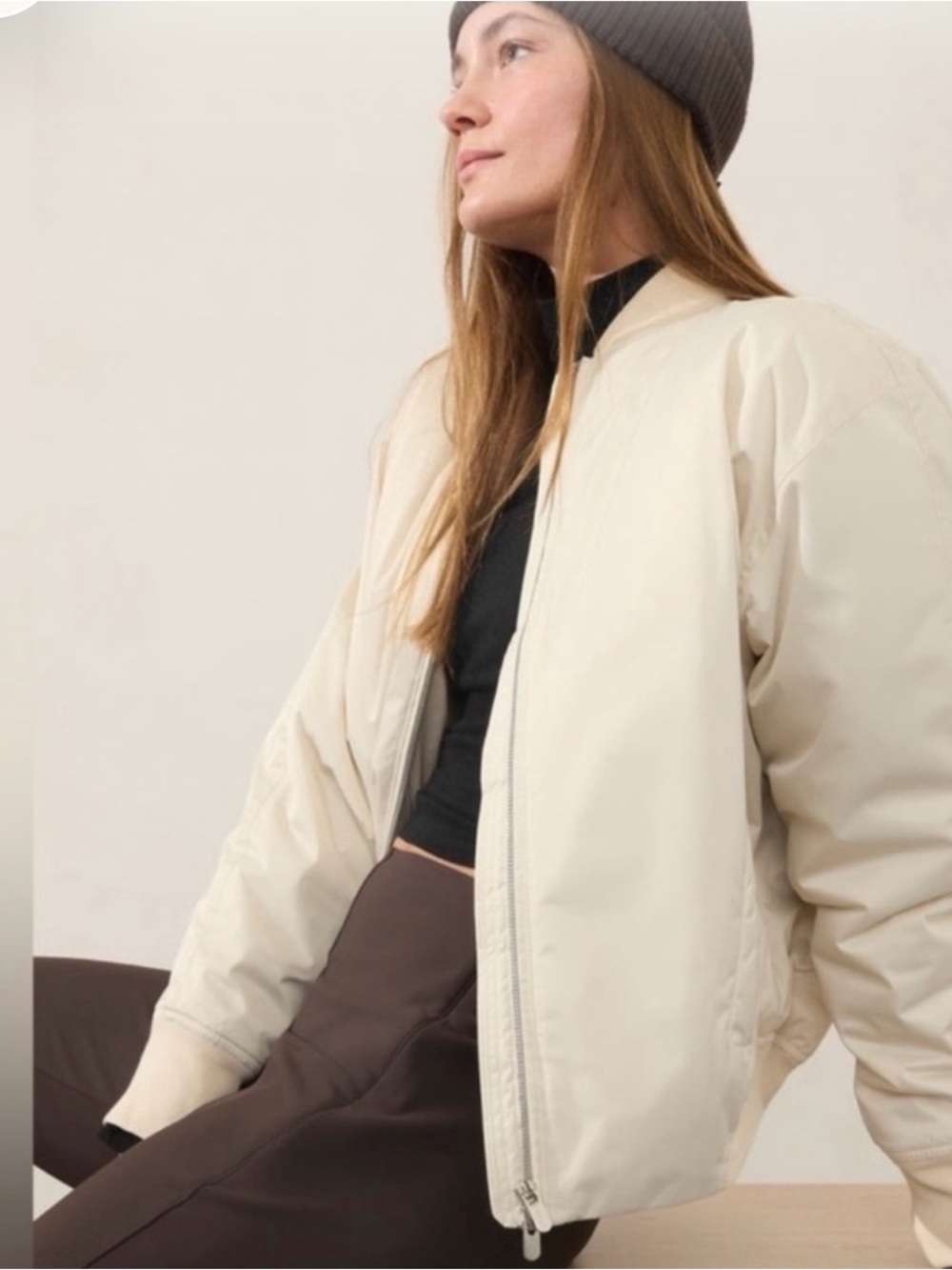 Athleta Sateen Cream Bomber Jacket padded  size Large
